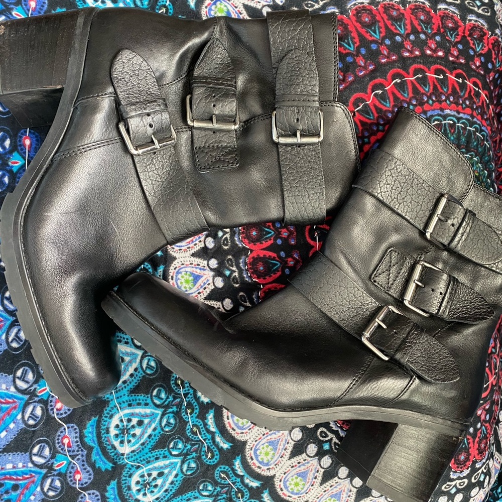 Clarks brand, black leather buckle boots, size 10